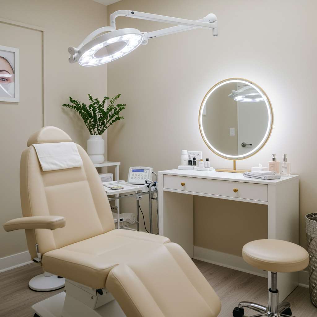 Elegant recovery room highlighting pristine results after blepharoplasty surgery at a medical spa and oculoplastic aesthetic clinic, featuring an inviting and serene setting with a focus on rejuvenated eyelid appearance.