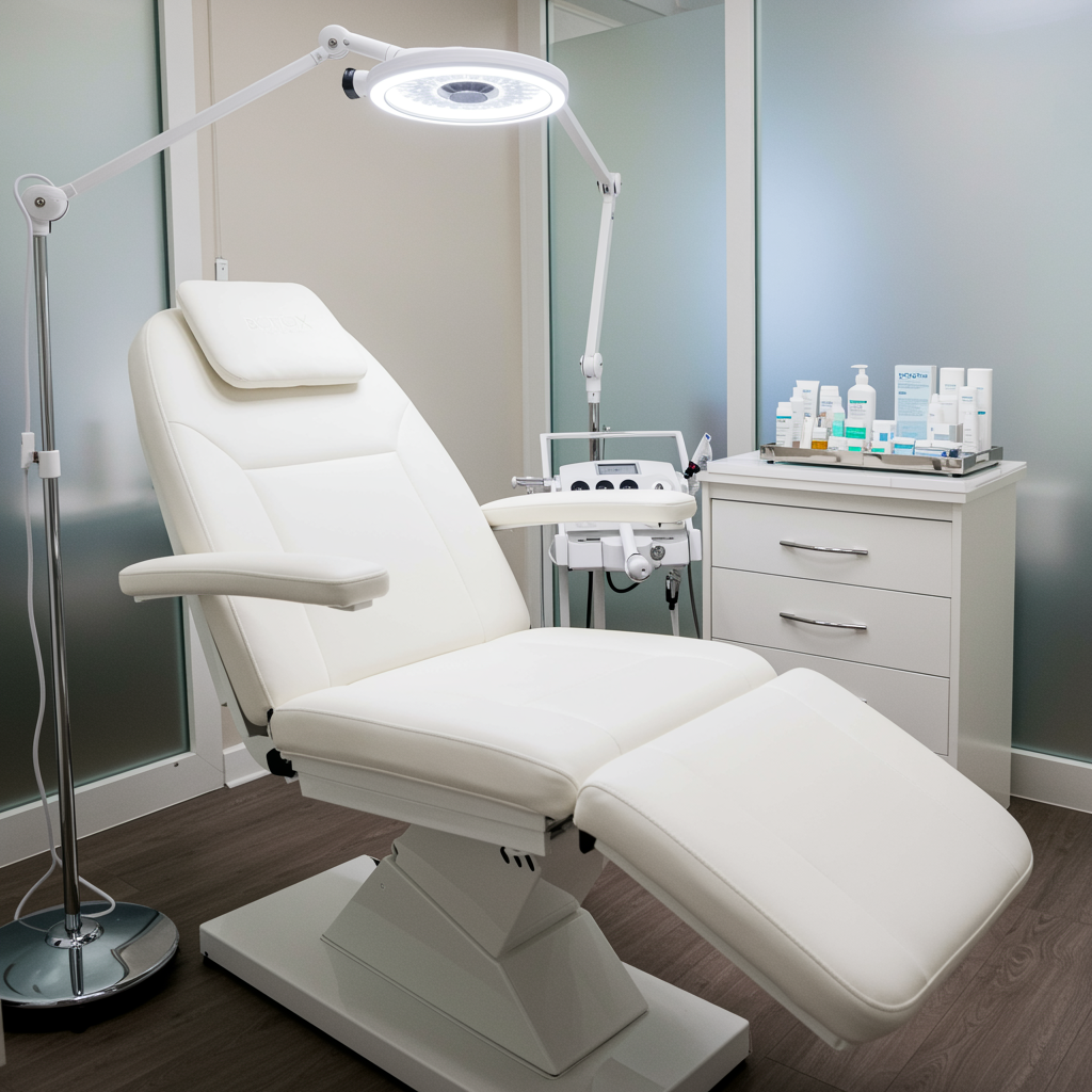 Modern medical spa treatment room with plush white chair and soft natural lighting, highlighting a premium environment for botox services.