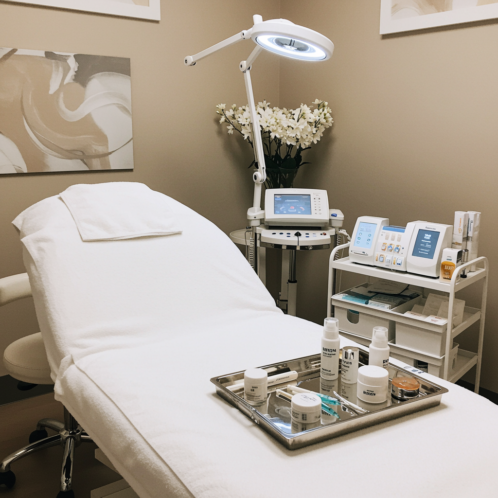 Pristine medical spa treatment room with elegant bed, white linens, and sophisticated decor, showcasing the relaxing environment for Botox injections at a leading oculoplastic aesthetic clinic.