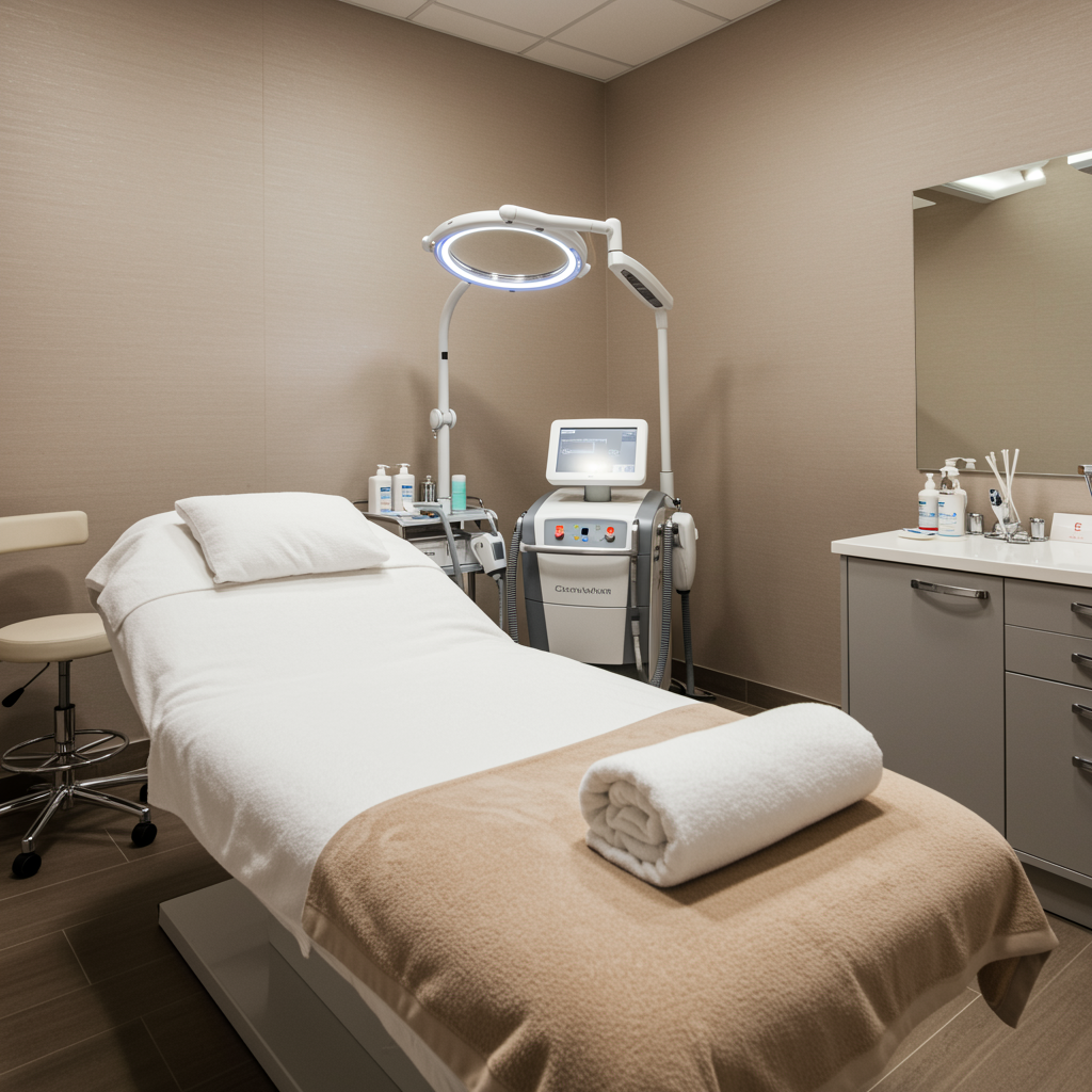 Elegant medical spa treatment room featuring updated laser technology, pristine furnishings, and tranquil ambiance, illustrating the professional environment for broad band laser skin treatments.