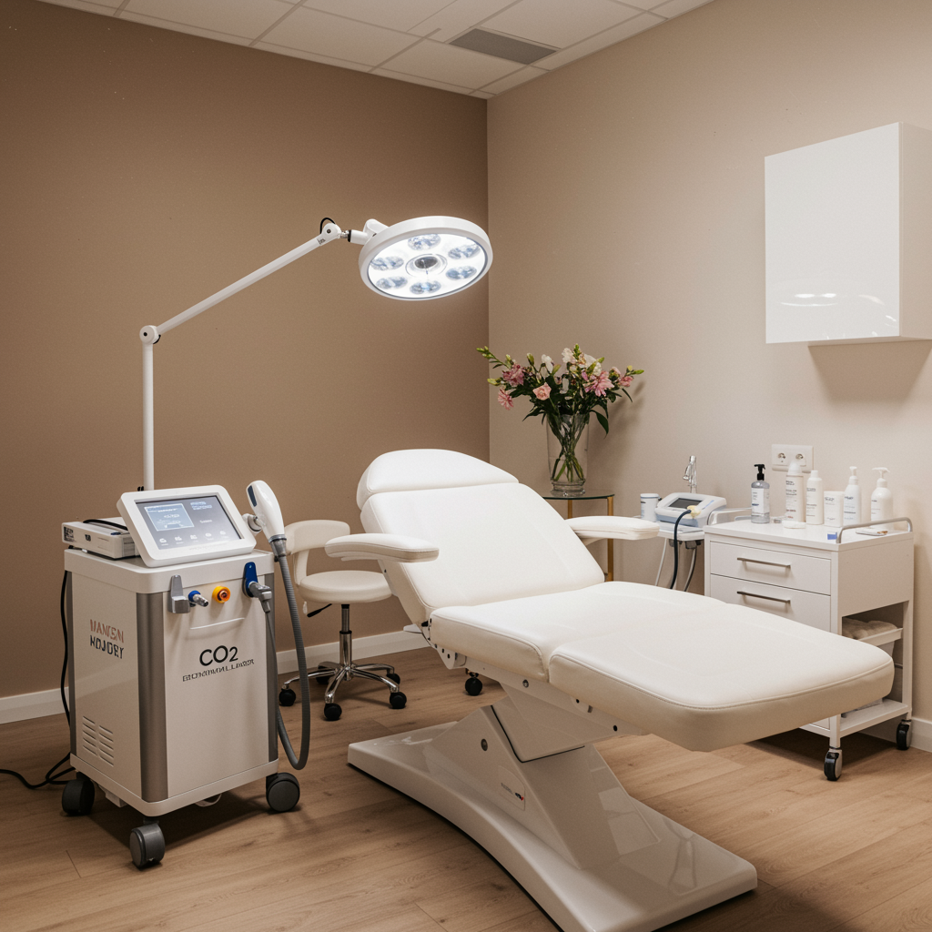 Modern medical spa treatment room with a pristine facial bed and advanced CO2 fractional laser machine, featuring warm neutral colors, soft lighting, and a clean, luxurious setting for skin rejuvenation treatments.