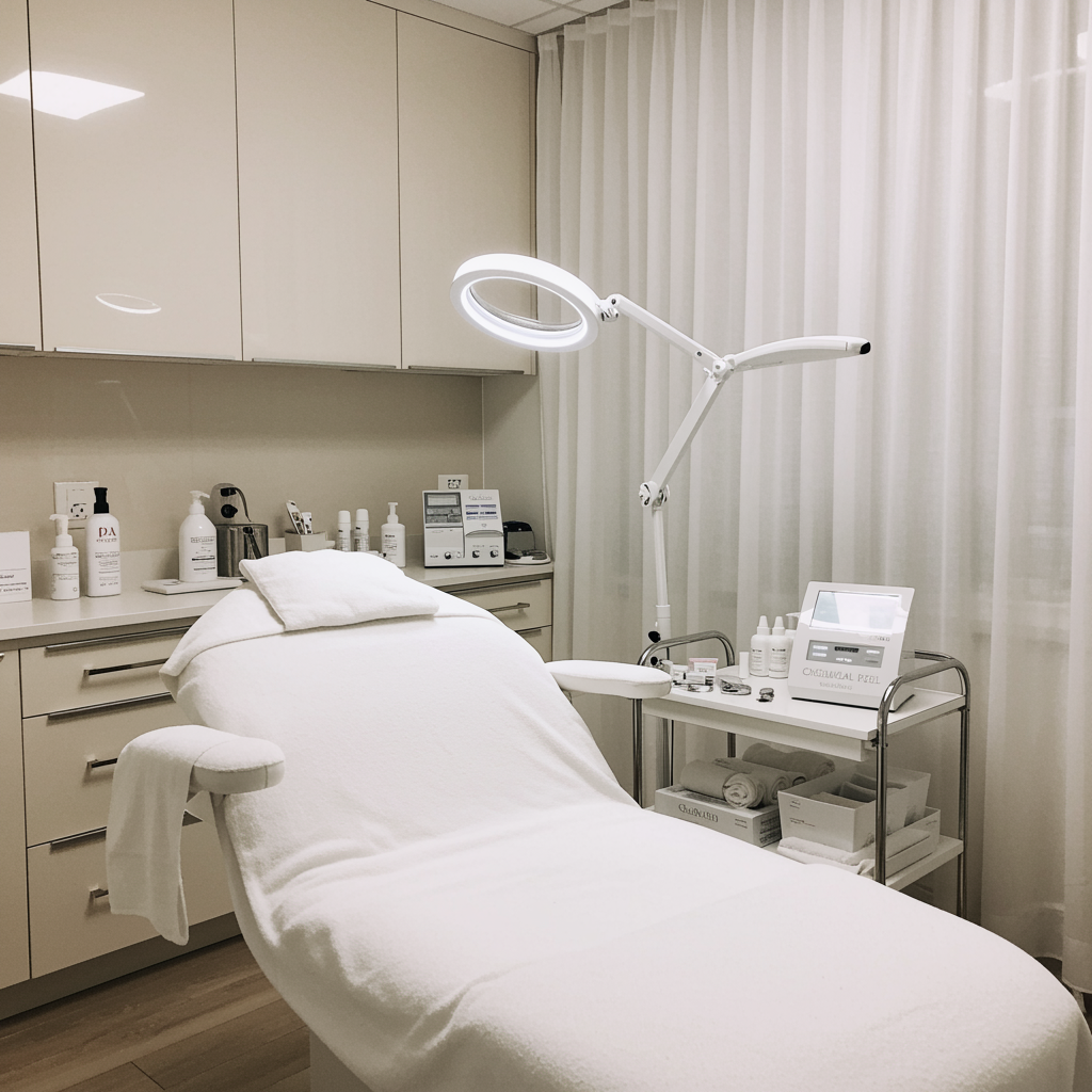Beautiful medical spa chemical peel treatment room with clean white linens, soft natural light, and soothing neutral colors, highlighting a refreshed, radiant atmosphere after a skin rejuvenation service.