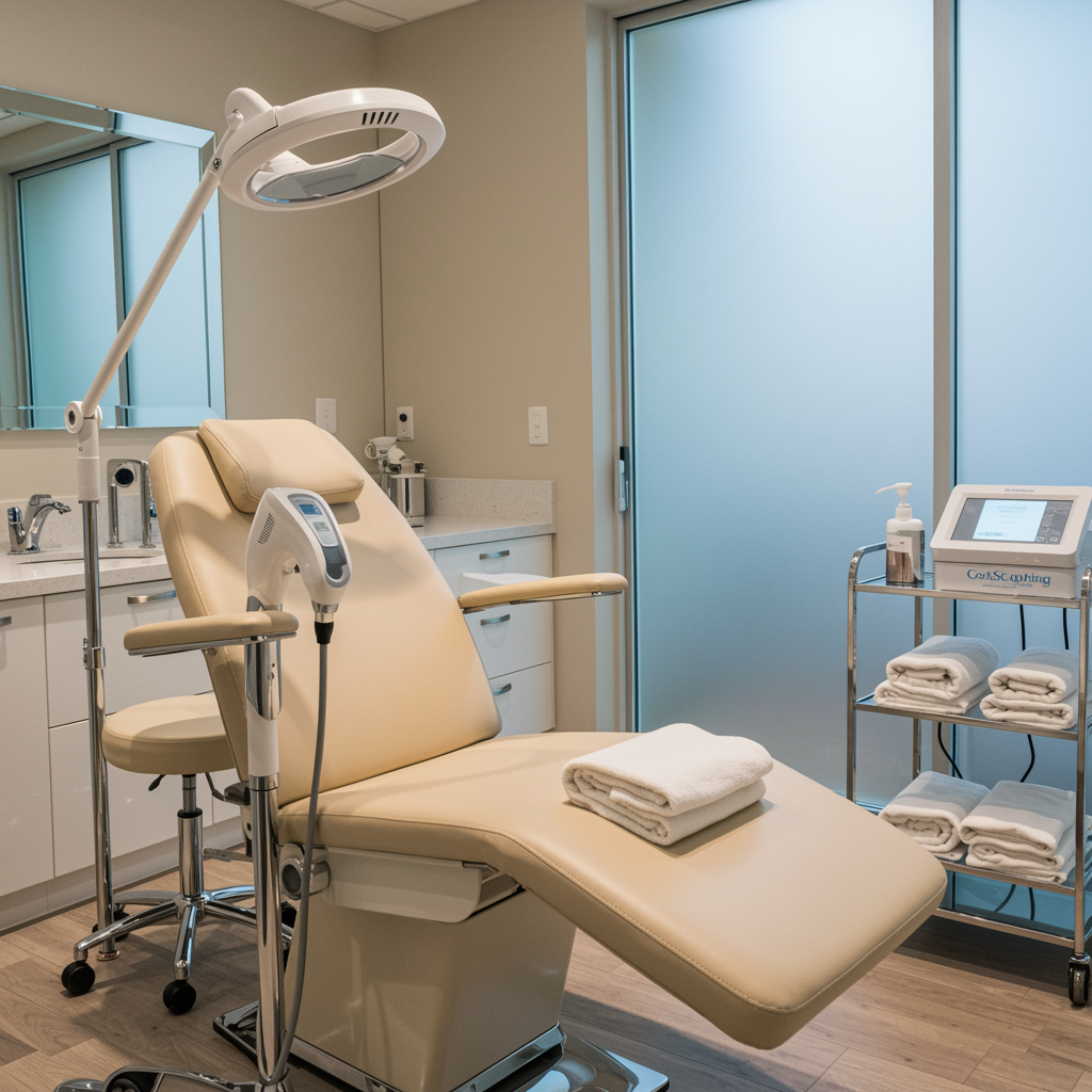 Modern medical spa room featuring a CoolSculpting device and plush treatment chair, showcasing a serene environment for body contouring at an oculoplastic aesthetic clinic.