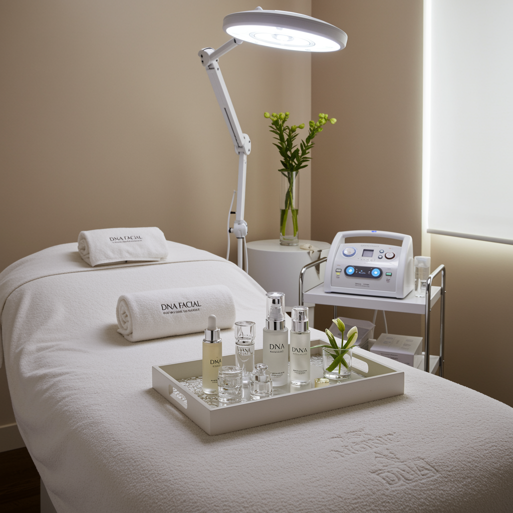 Luxurious medical spa treatment room with a pristine spa bed, elegant skincare decor, and relaxing ambiance, highlighting the finished look after a DNA Facial.