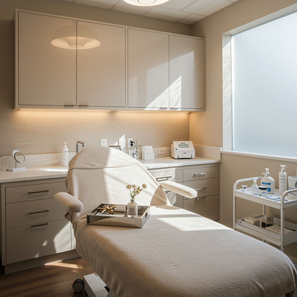 Luxury medical spa treatment room with plush bed, soft beige walls, and built-in cabinetry, showcasing a serene atmosphere after a dermal filler procedure.