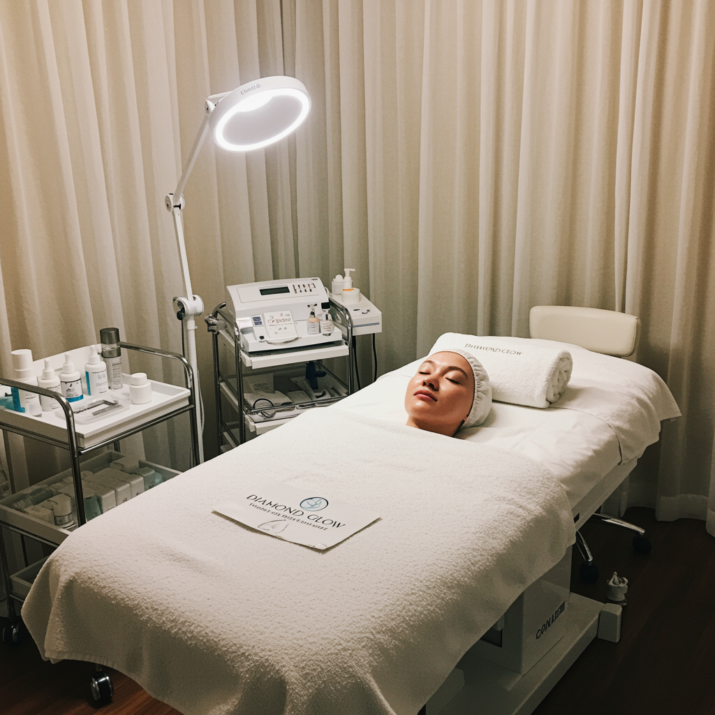 Pristine spa treatment room featuring a comfortable bed and elegant decor, perfect for showcasing the finished results of a Diamond Glow facial at a medical spa and oculoplastic clinic