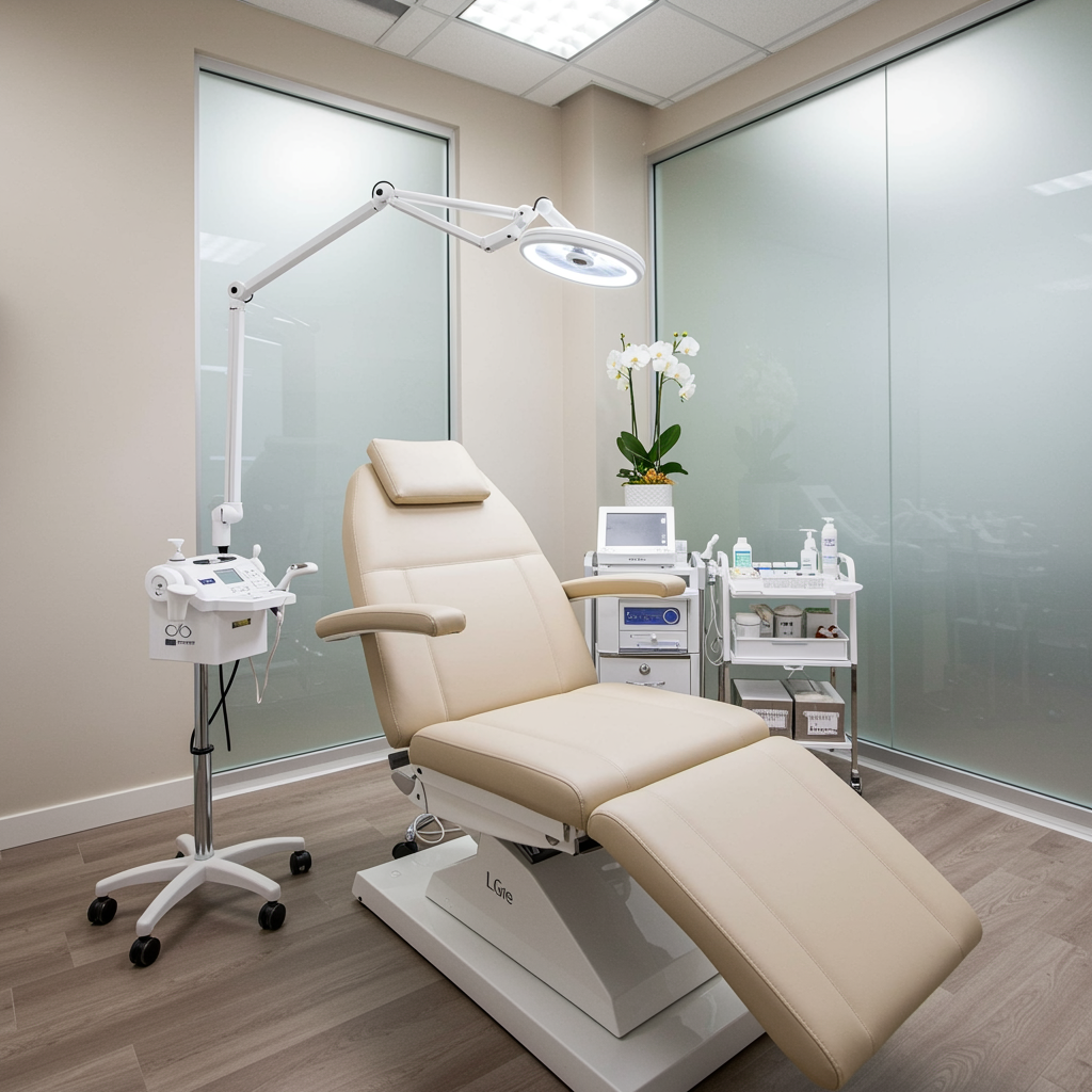 Elegant medical spa treatment room with modern chair and soothing decor, designed for Dysport facial rejuvenation treatments in a luxury oculoplastic clinic.