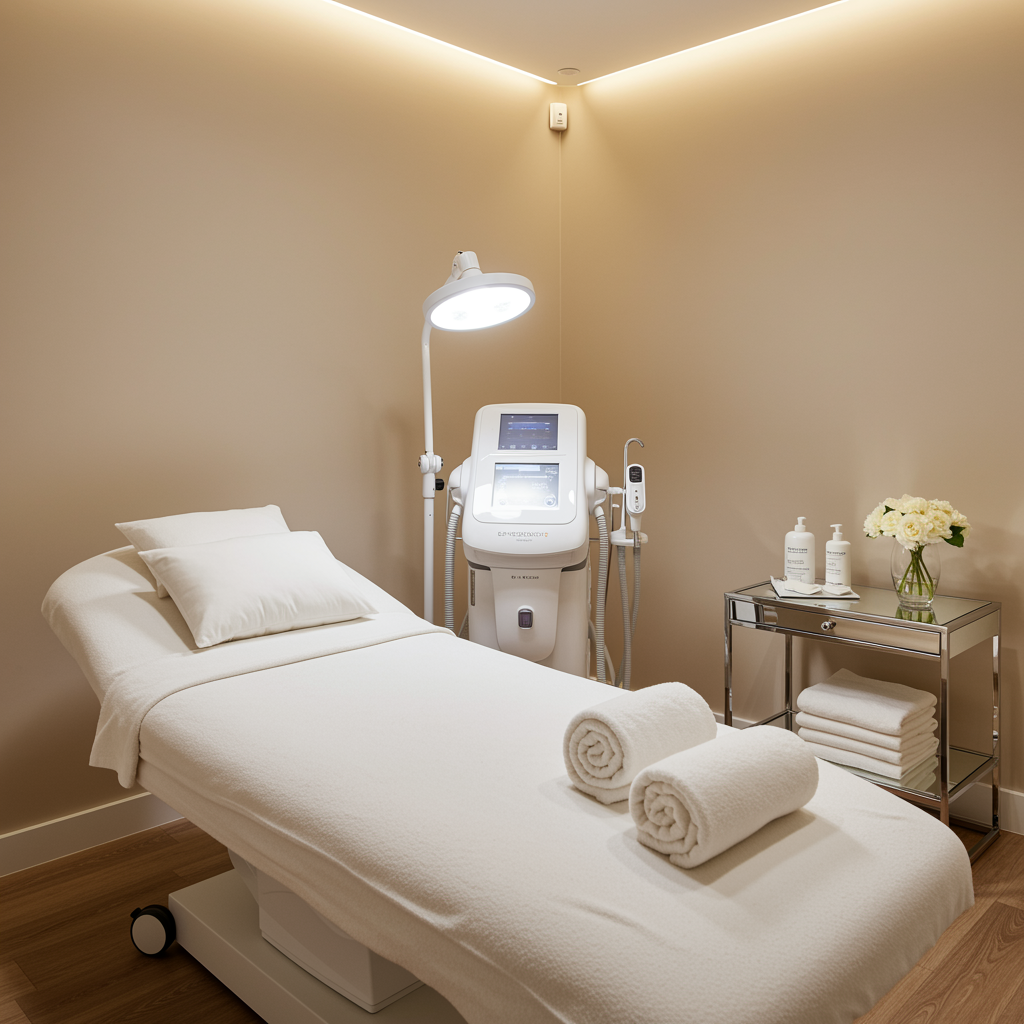 Modern spa treatment room featuring Emsculpt NEO machine and plush white linens in a tranquil, upscale medical spa environment.