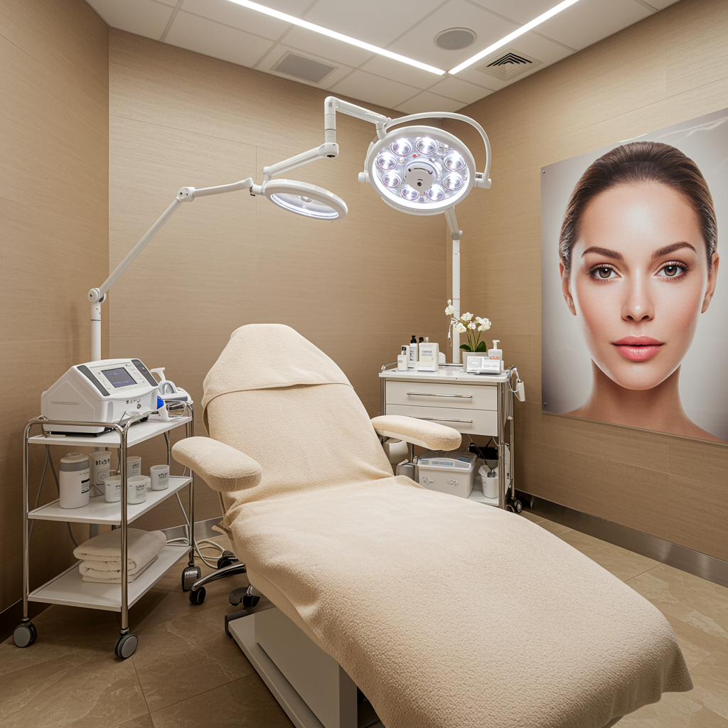 Elegant medical spa treatment room with plush furnishings and soothing décor, highlighting the radiant results of facial rejuvenation services with a focus on refreshed, youthful skin. No people or equipment present.