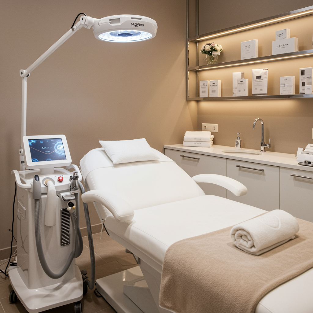 Modern medical spa treatment room with a sleek white bed, warm lighting, and an advanced laser hair removal machine, showcasing a comfortable and luxurious setting for laser hair removal services.