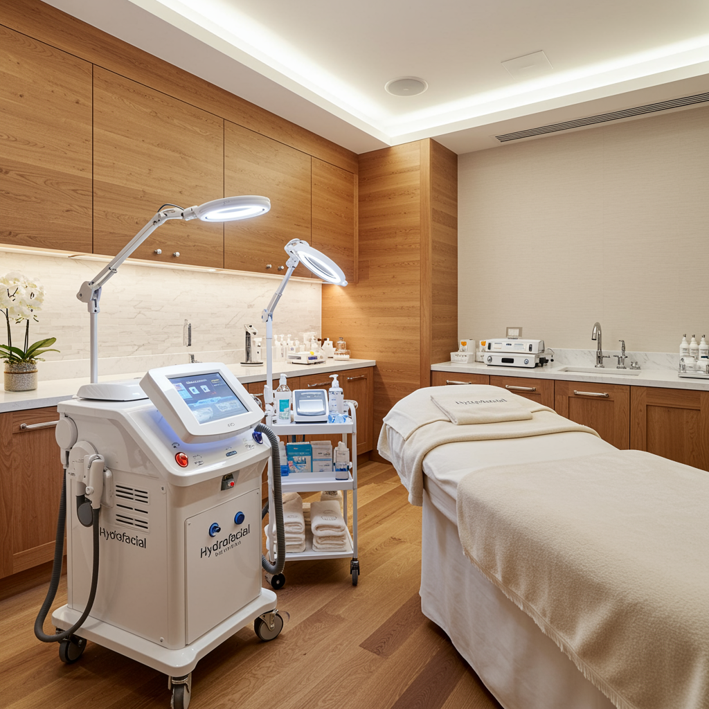 Modern medical spa treatment room with hydrafacial equipment, elegant neutral décor, and tranquil atmosphere, representing professional hydrafacial services in an oculoplastic aesthetic clinic.
