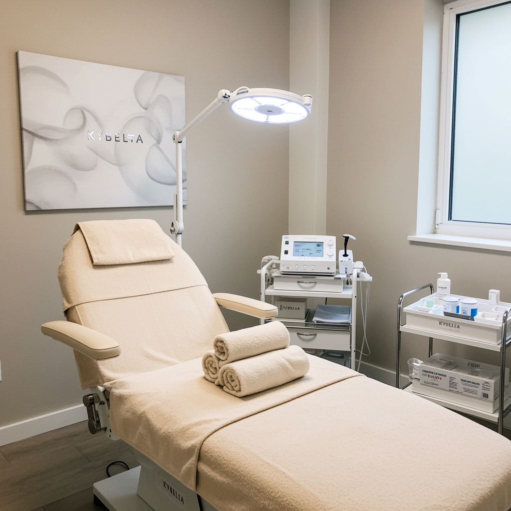 Luxurious spa treatment room with plush reclining bed, ambient lighting, and elegant decor, ideal for Kybella injectable contouring at a medical spa aesthetic clinic.