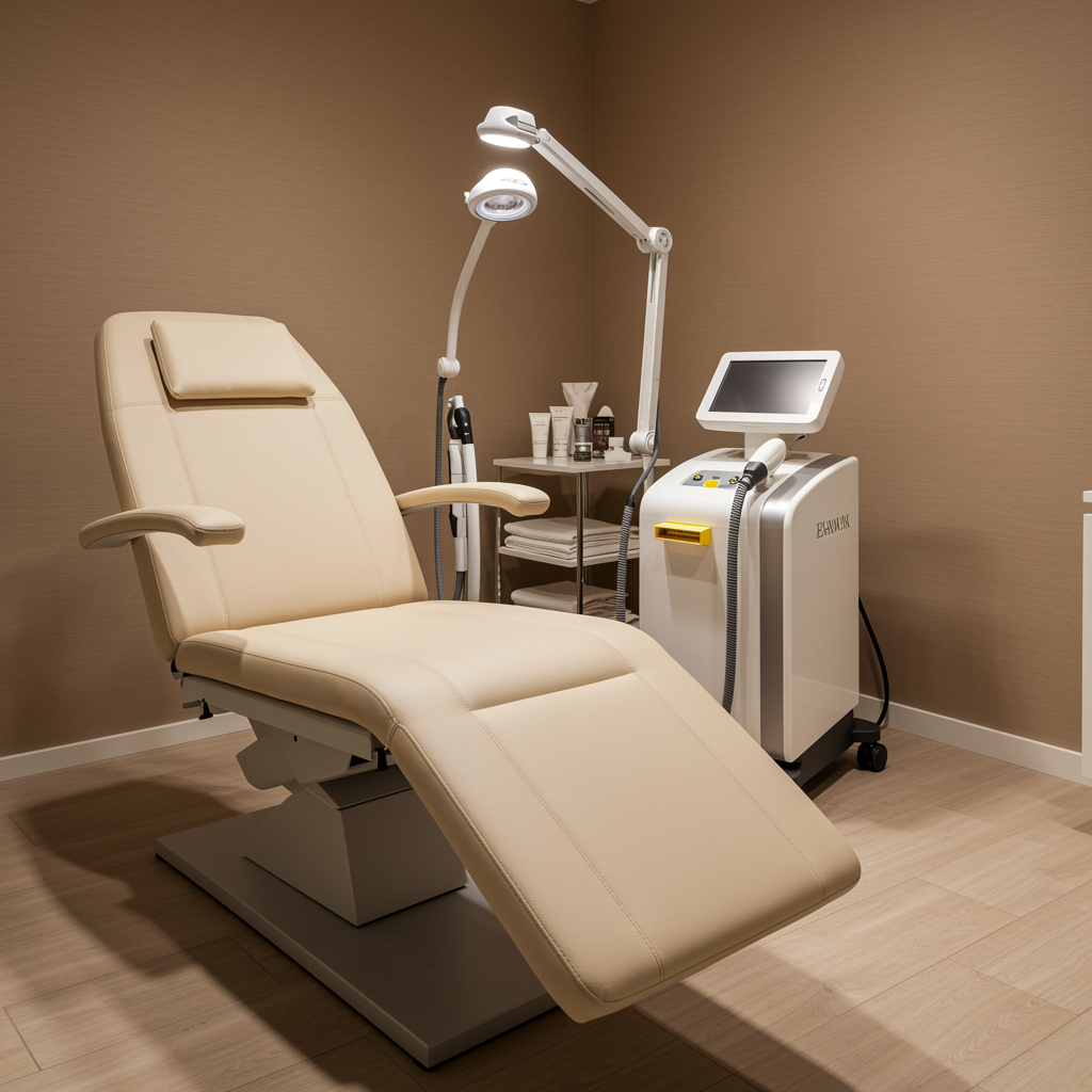 Modern spa treatment room for laser hair removal with plush chair, contemporary decor, and state-of-the-art laser equipment in a medical spa setting, showcasing a clean, welcoming, and luxurious environment.