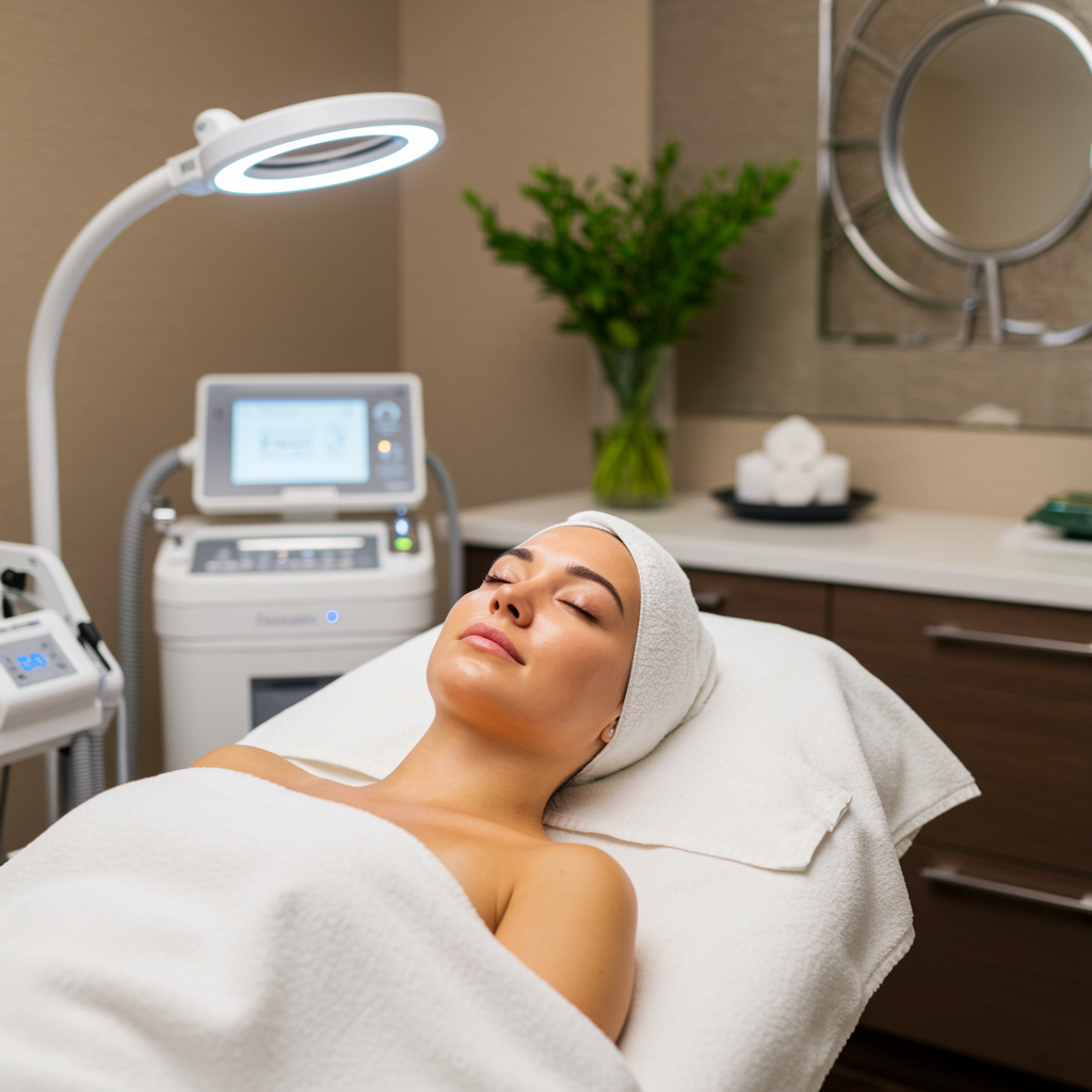 Upscale spa treatment room highlighting the results of professional laser skin resurfacing with glowing, even-toned skin, elegant decor, and a soothing, modern ambiance for a medical spa aesthetic clinic.