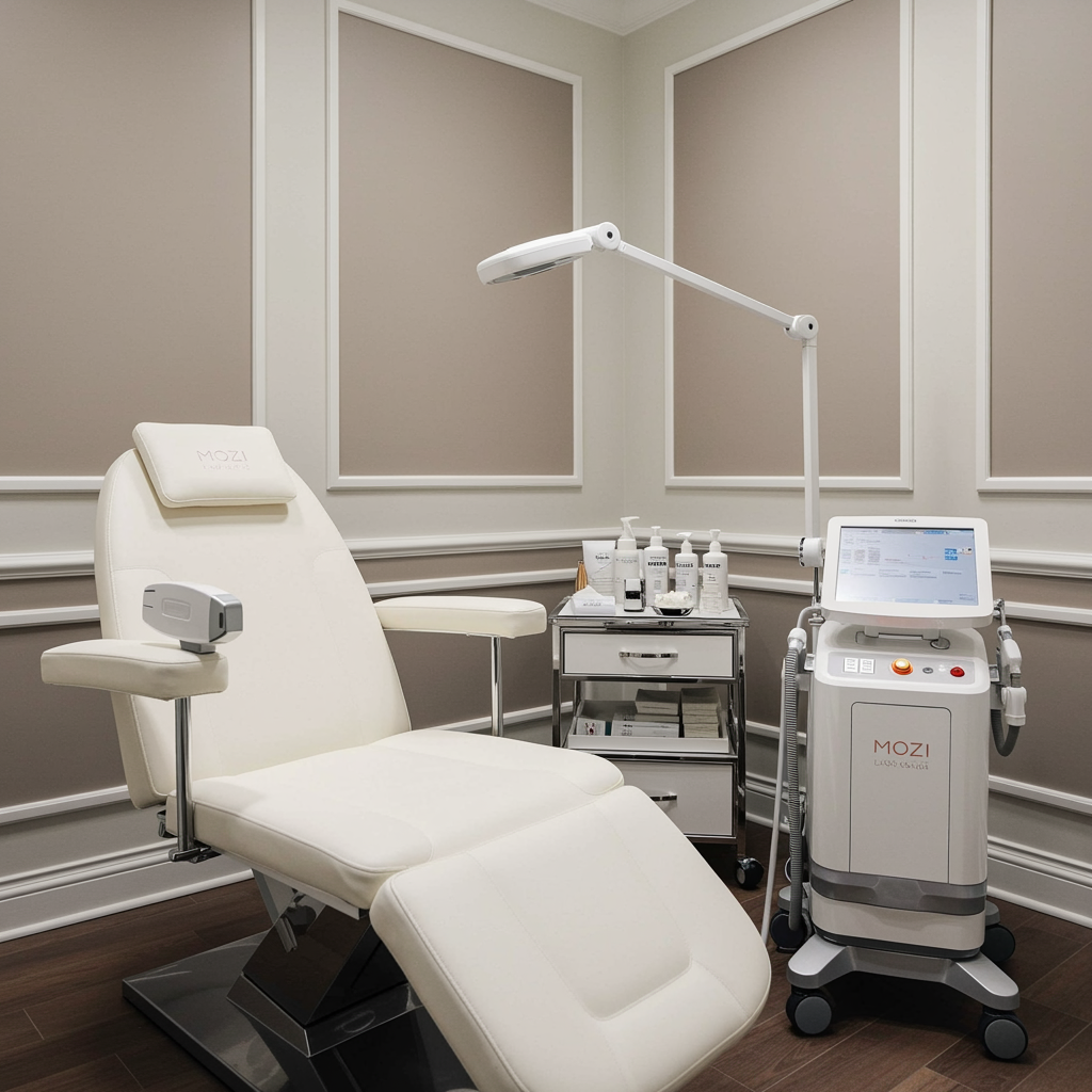 Serene medical spa room after Moxi Laser treatment showcasing a modern treatment chair and advanced laser equipment in an elegant, well-lit space with soft neutral tones and chrome accents, illustrating expert laser skincare services in a premium aesthetic clinic.