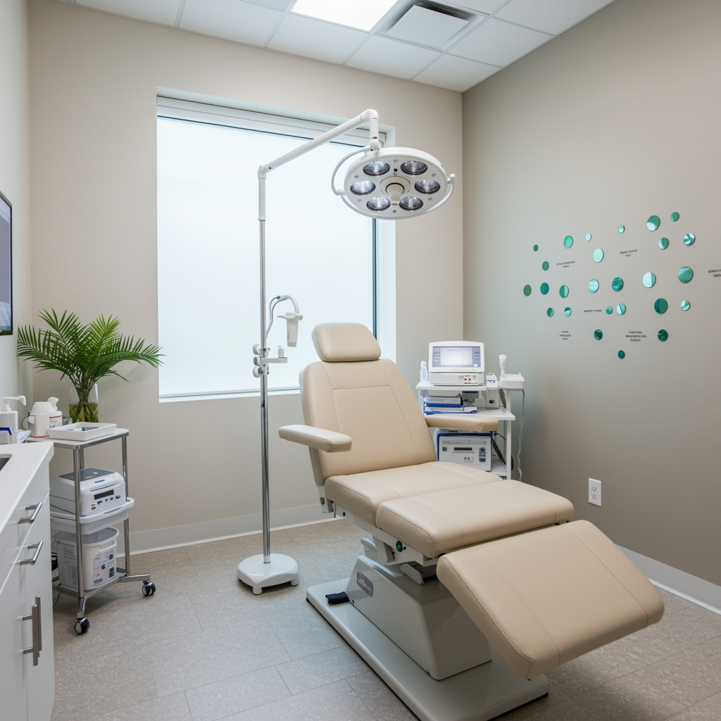 Beautiful medical spa recovery suite with plush chair, modern decor, and natural lighting, showcasing a serene and upscale environment for oculoplastic surgery procedures.