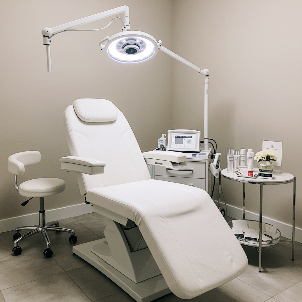 Pristine medical spa room with modern reclining chair in soft white and neutral tones, representing the relaxing environment for PRP hair restoration services at a medical spa and oculoplastic clinic.