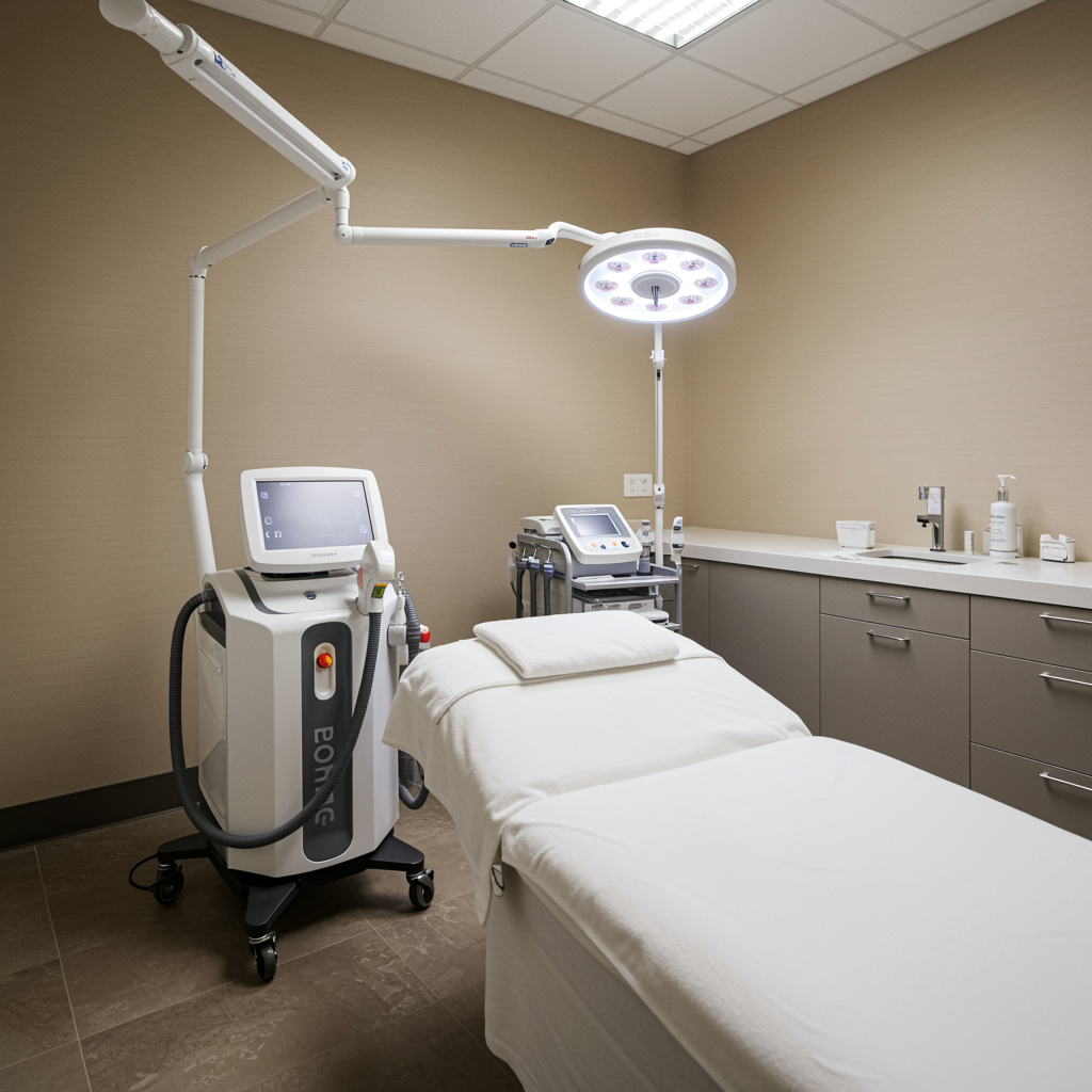 Modern medical spa treatment room featuring advanced Pico Laser equipment and elegant furnishings, showcasing a clean and relaxing environment for skin rejuvenation procedures.