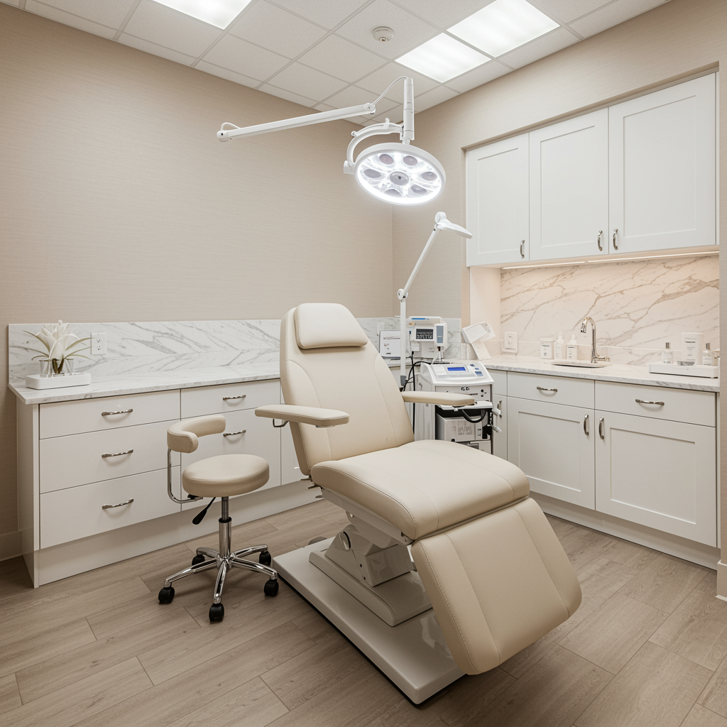 Pristine medical spa treatment room with elegant furnishings and soothing lighting, designed for advanced platelet injection procedures in a modern oculoplastic aesthetic clinic.