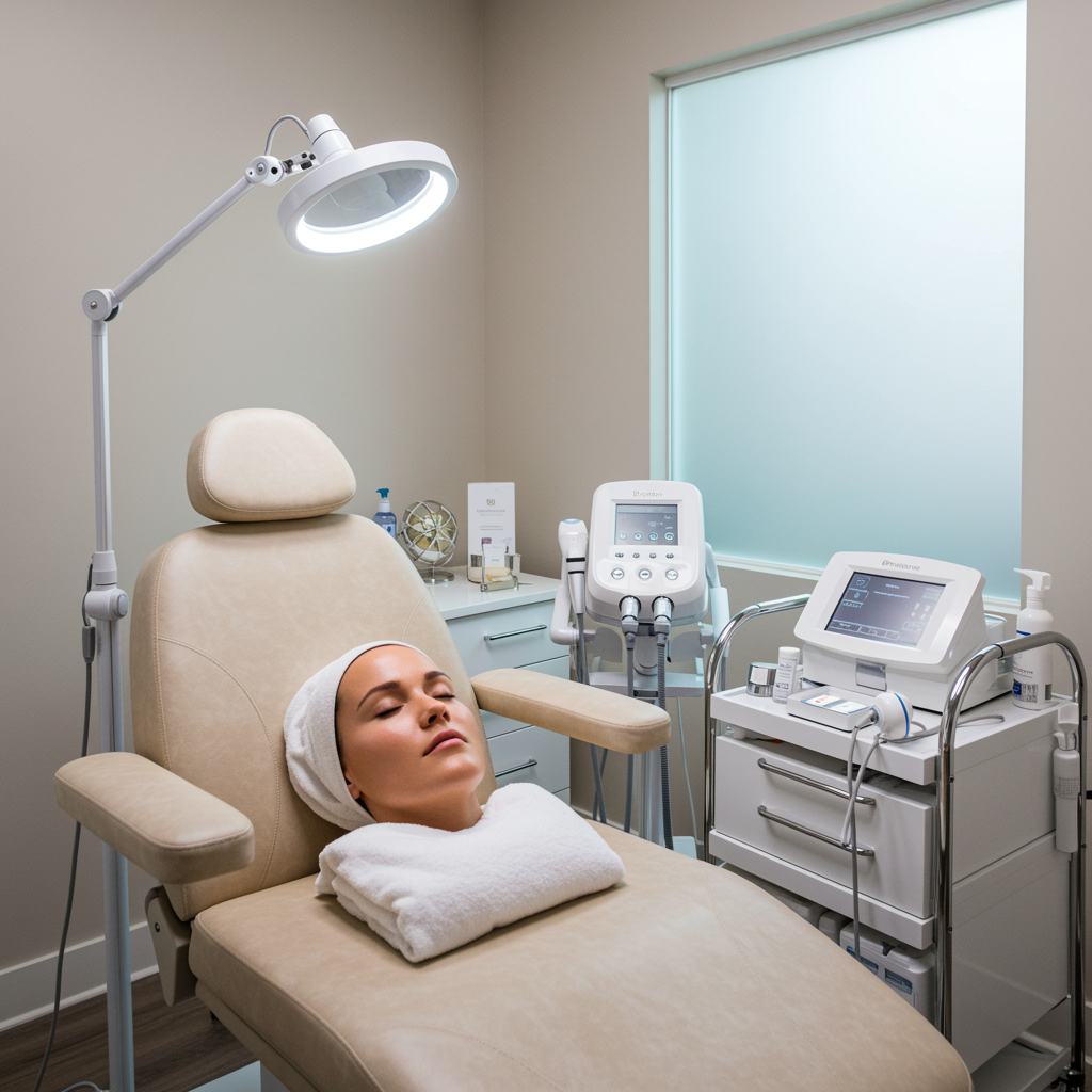 Elegant medical spa room with plush treatment chair, showcasing the smooth post-procedure results of Radio Frequency Microneedling in a serene, modern setting.
