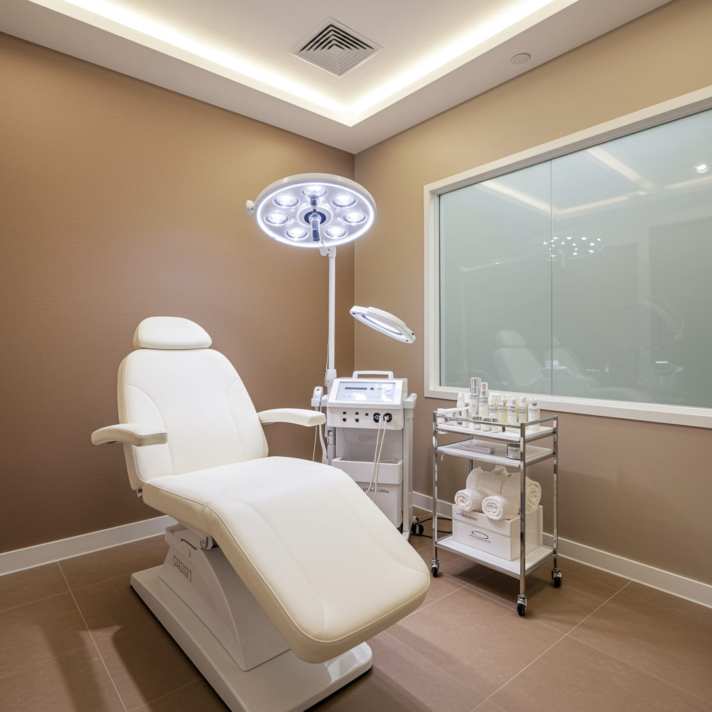 Pristine medical spa treatment room with modern chair, warm color palette, and elegant skincare products, showcasing the finished look of a Sculptra facial treatment.